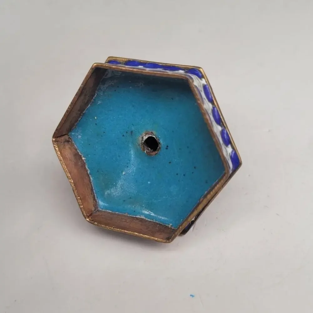 Vintage Chinese Cloisonné Blue Peony Butterfly Hexagonal Lidded Ginger Jar Decor